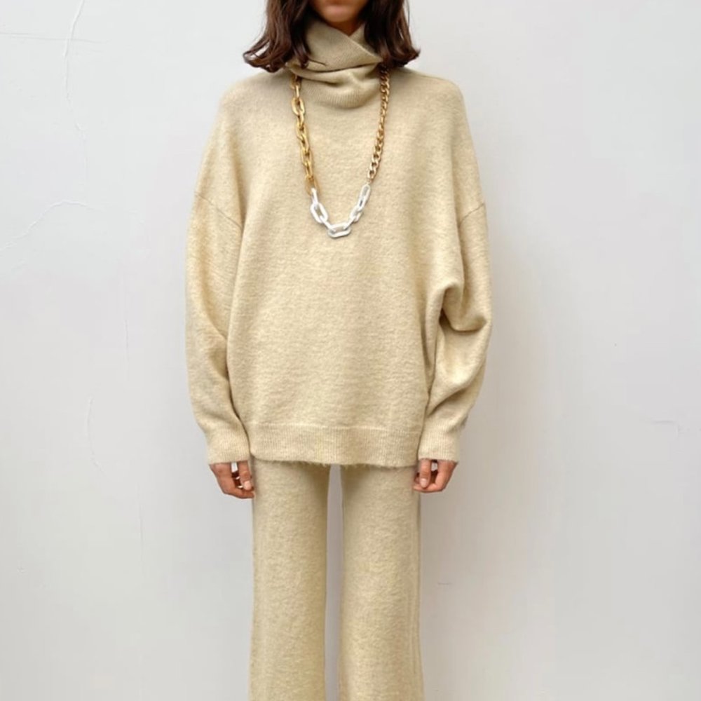 ZARA Women's Wool ALPACA Oversized Turtleneck Sweater(Sand+Marl, US M /EUR M)